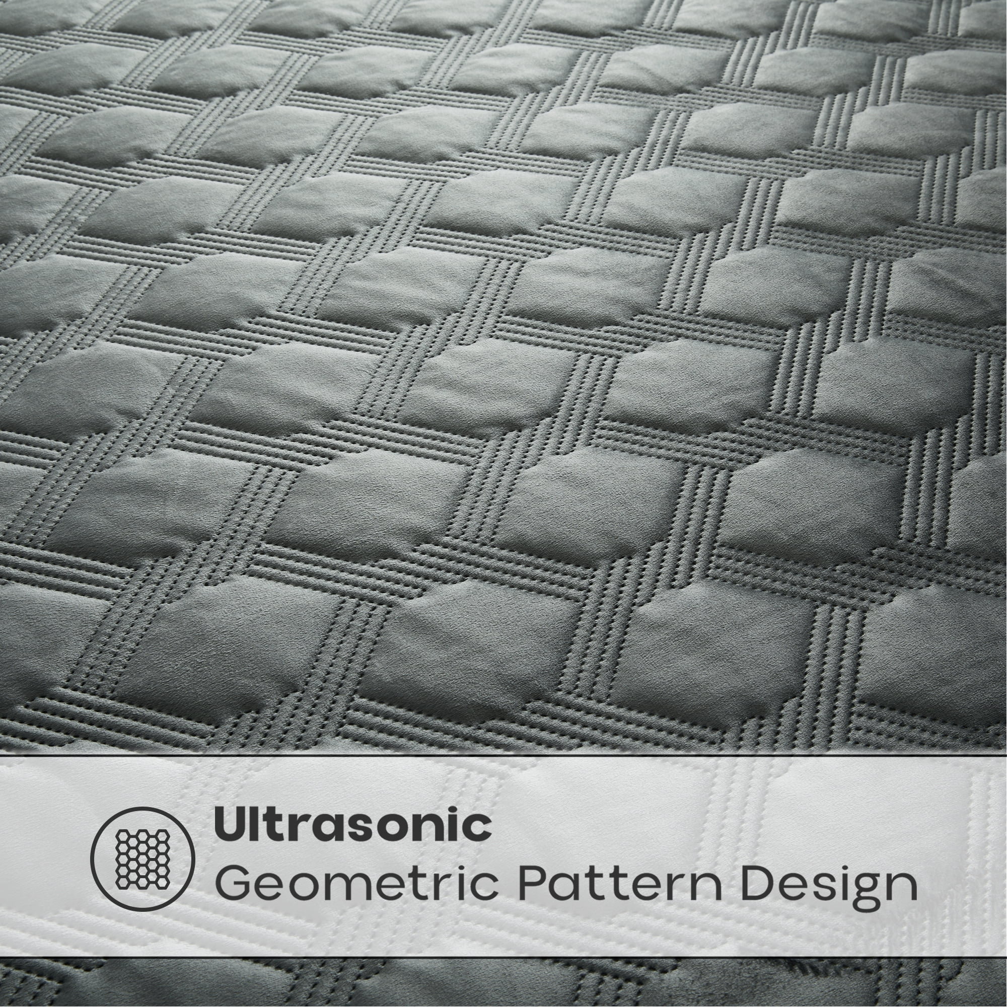 IR Imperial Rooms Velvet Quilt Set 3 Piece Geometric Ultrasonic Embossed Bedspread Reversible 350GSM Soft Brushed Microfiber Gray Full/Queen