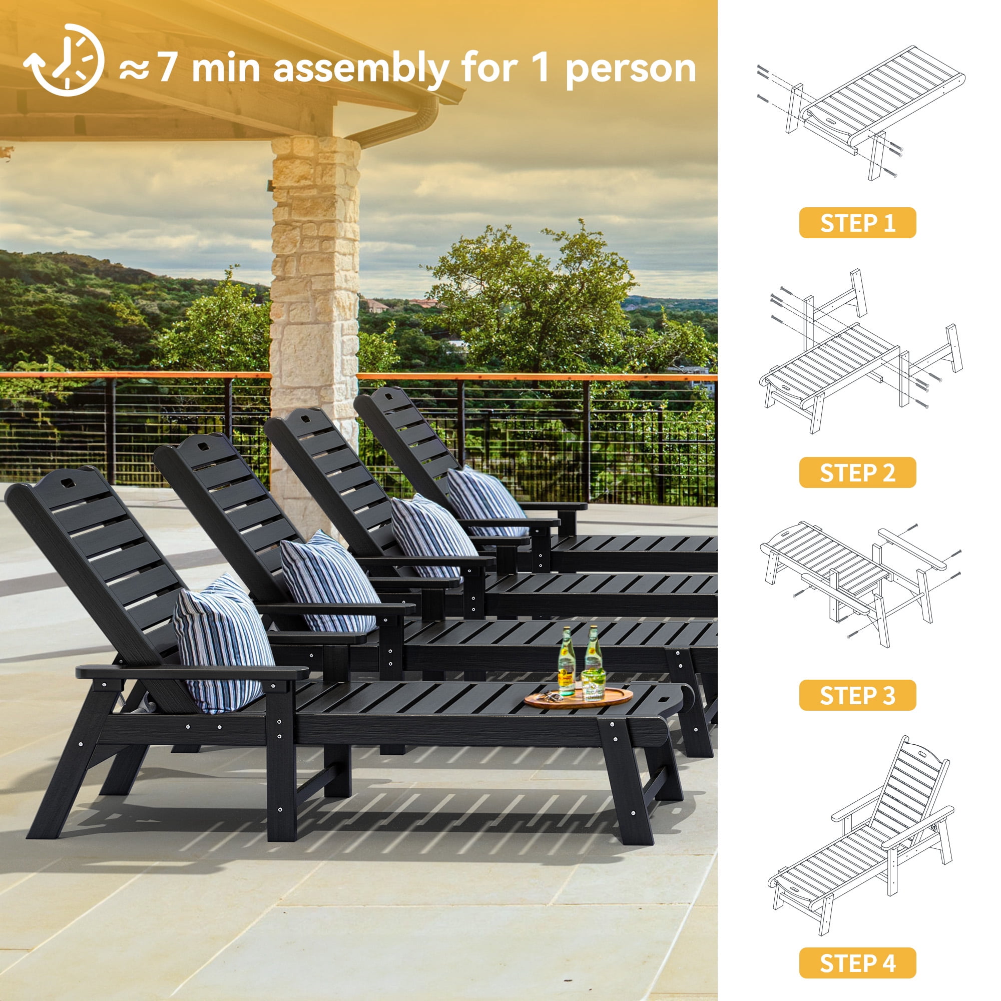 Uforic Outdoor Chaise Lounge Chair Set of 4 with Adjustable Backrest, Heavy Duty Resin Patio Lounger with Wide Armrest and 350lbs Capacity for Outside Poolside Beach Backyard, Waterproof, Black