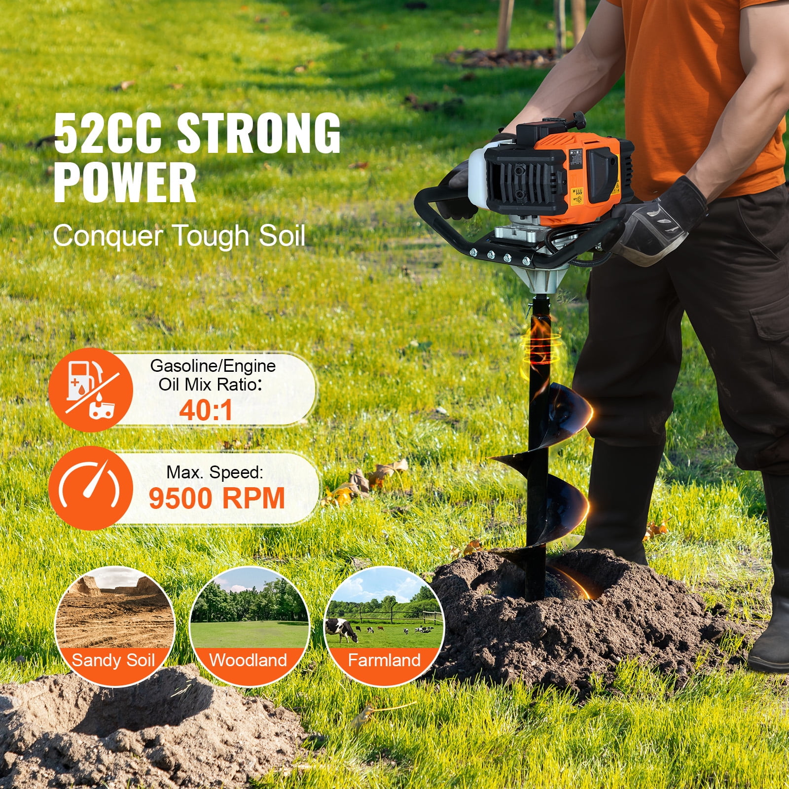 KFFKFF Gas Post Hole Digger, 52CC 1450W Earth Auger with 8” Drill Bits and Extension Rod, Ideal for Garden, Farmland, and Fence Installation, Orange and Black