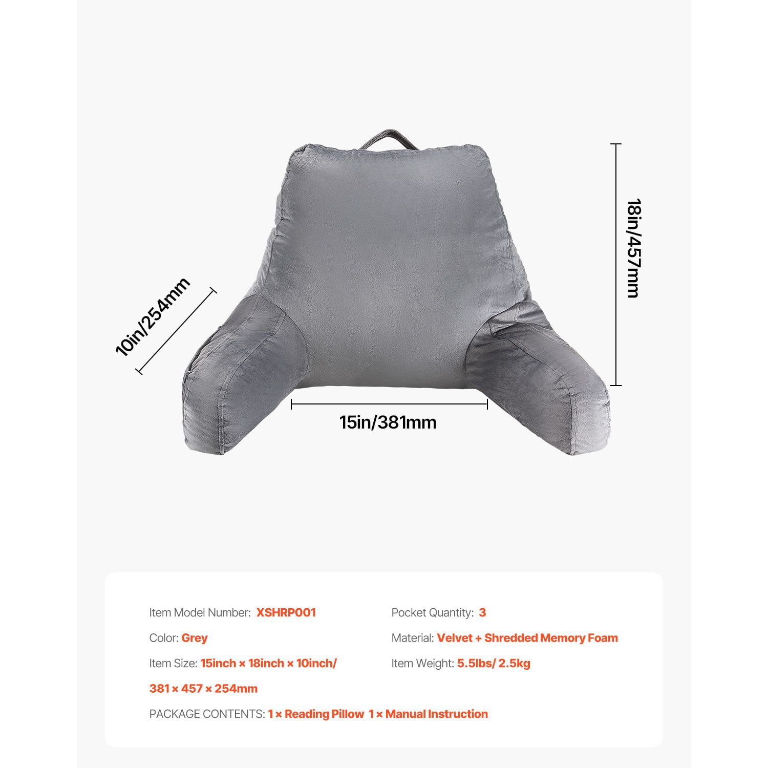 Reading Pillow with Memory Foam, 3 Pockets, Dual Zip Lining, Ergonomic Design, Portable Handle, Machine Washable Velvet for Bed Sofa
