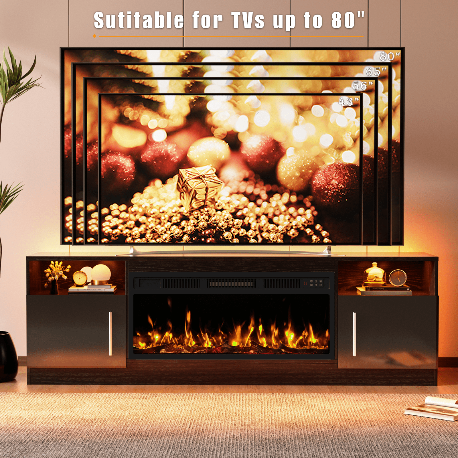 Waleaf Fireplace TV Stand with 36" White Electric Fireplace for TVs Up to 80",70" Modern Wood Media TV Console with Fireplace for Living Room