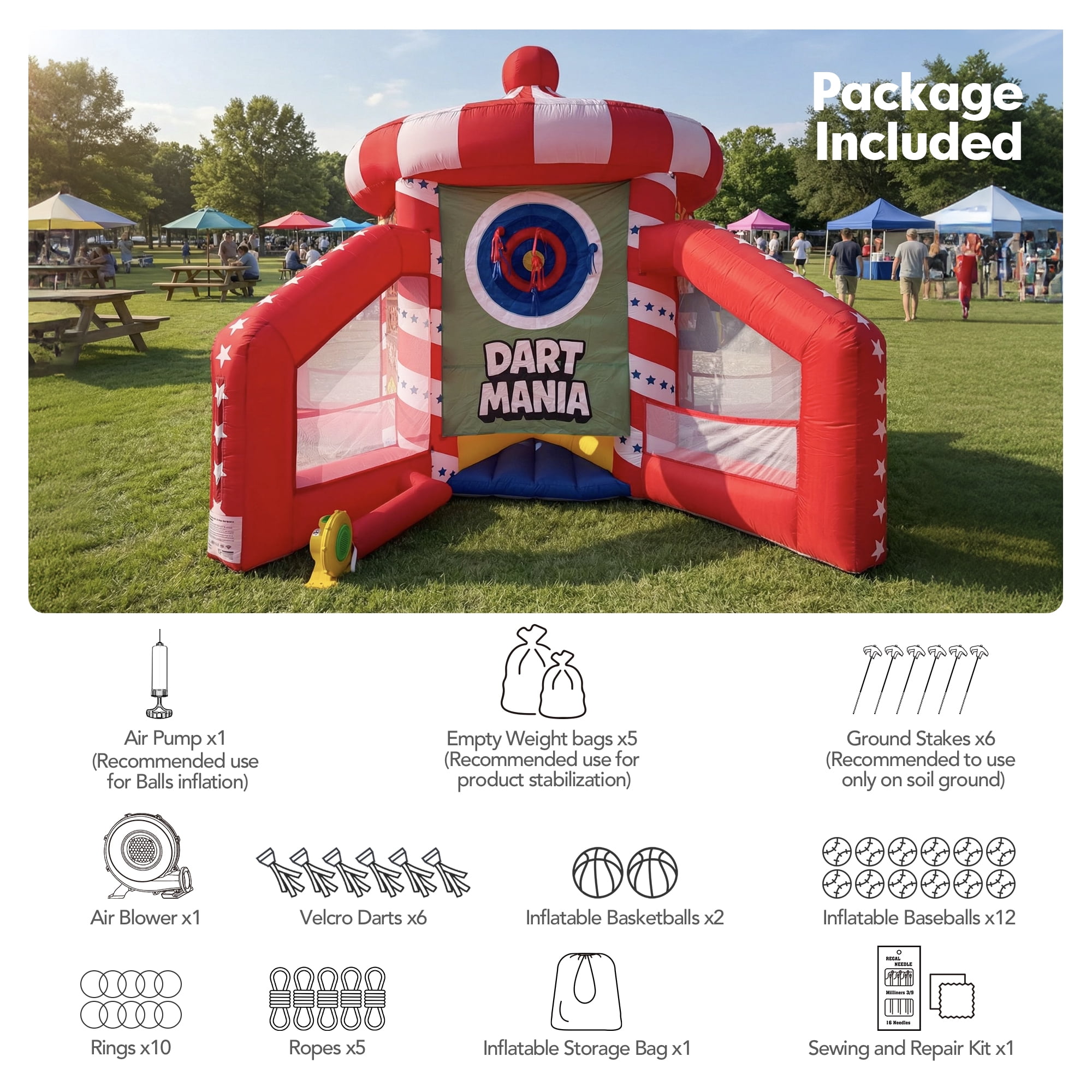 Wellcomer Inflatable 5in1 Carnival Game, Portable Baseball Toss, Basketball Hoop, Dart Board, Ring Toss