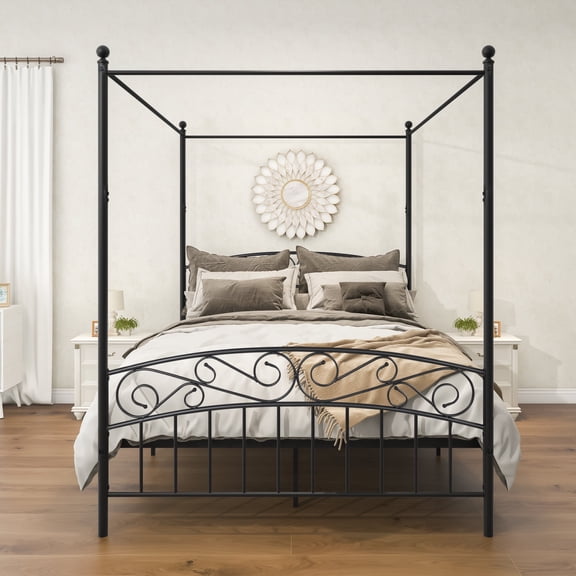Newboti Furniture Queen Size Metal Canopy Bed Frame with Headboard and Footboard Black NO.37078
