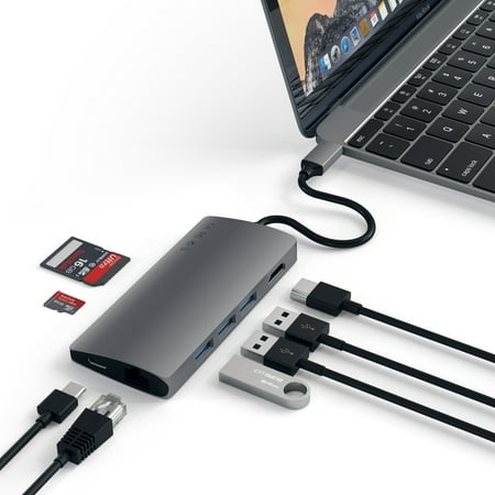 Pro Ethernet - Satechi Aluminum Multi-Port Adapter V2-4K HDMI (30Hz), Gigabit Ethernet, USB-C Pass-Through, SD/Micro Card Slots, USB 3.0 for 2016/2017 MacBook Pro, 2015/2016/2017 MacBook and more (Space Gray)