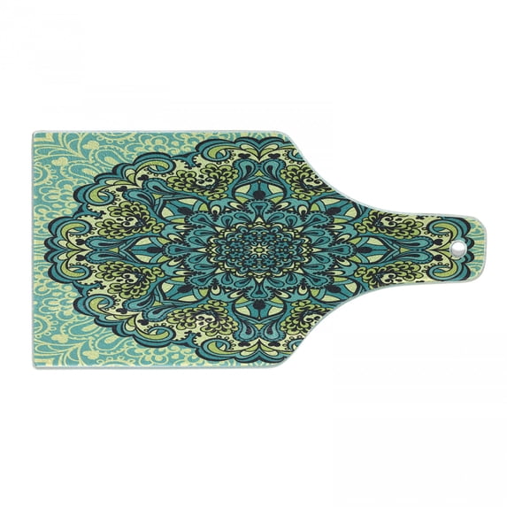 Ethnic Cutting Board, Abstract Flower Arrangement Mandala Style Nature Elements Vibrant, Decorative Tempered Glass Cutting and Serving Board, Wine Bottle Shape, Pale Yellow Turquoise, by Ambesonne