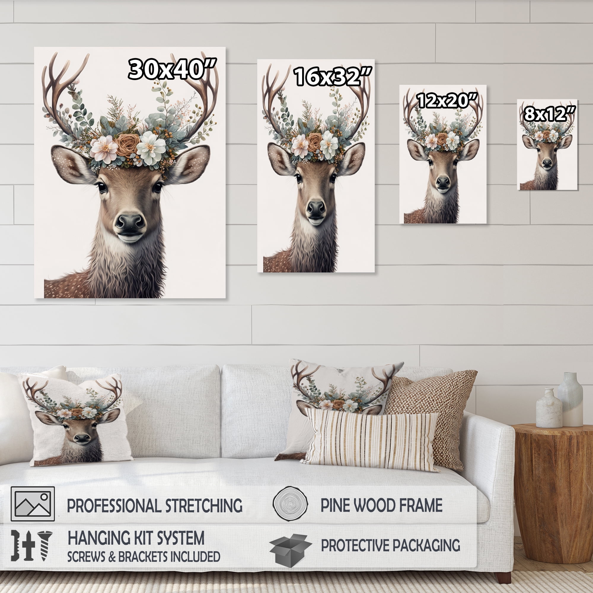 Designart Cute Baby Caribou With Floral Crown IV Canvas Wall Art