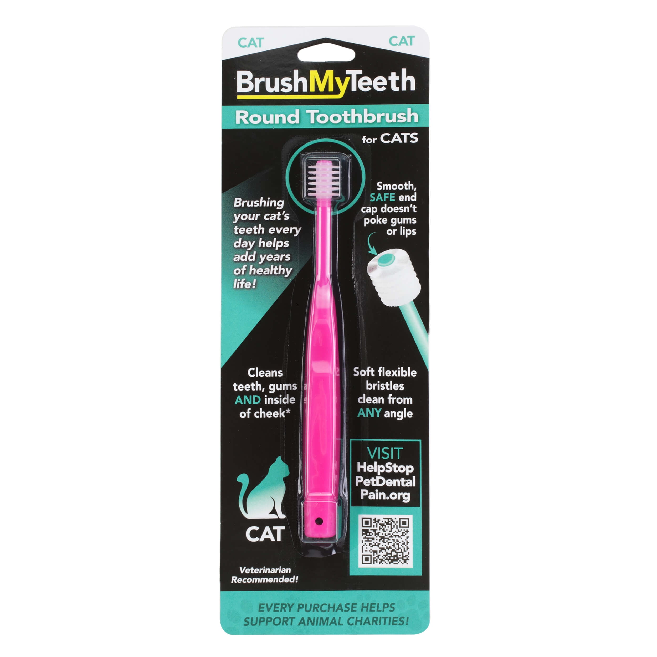 BrushMyTeeth Cat Toothbrush - Round Soft Pet Toothbrush - Soft Flexible Bristles for Safe and Gentle Brushing, 1 Count