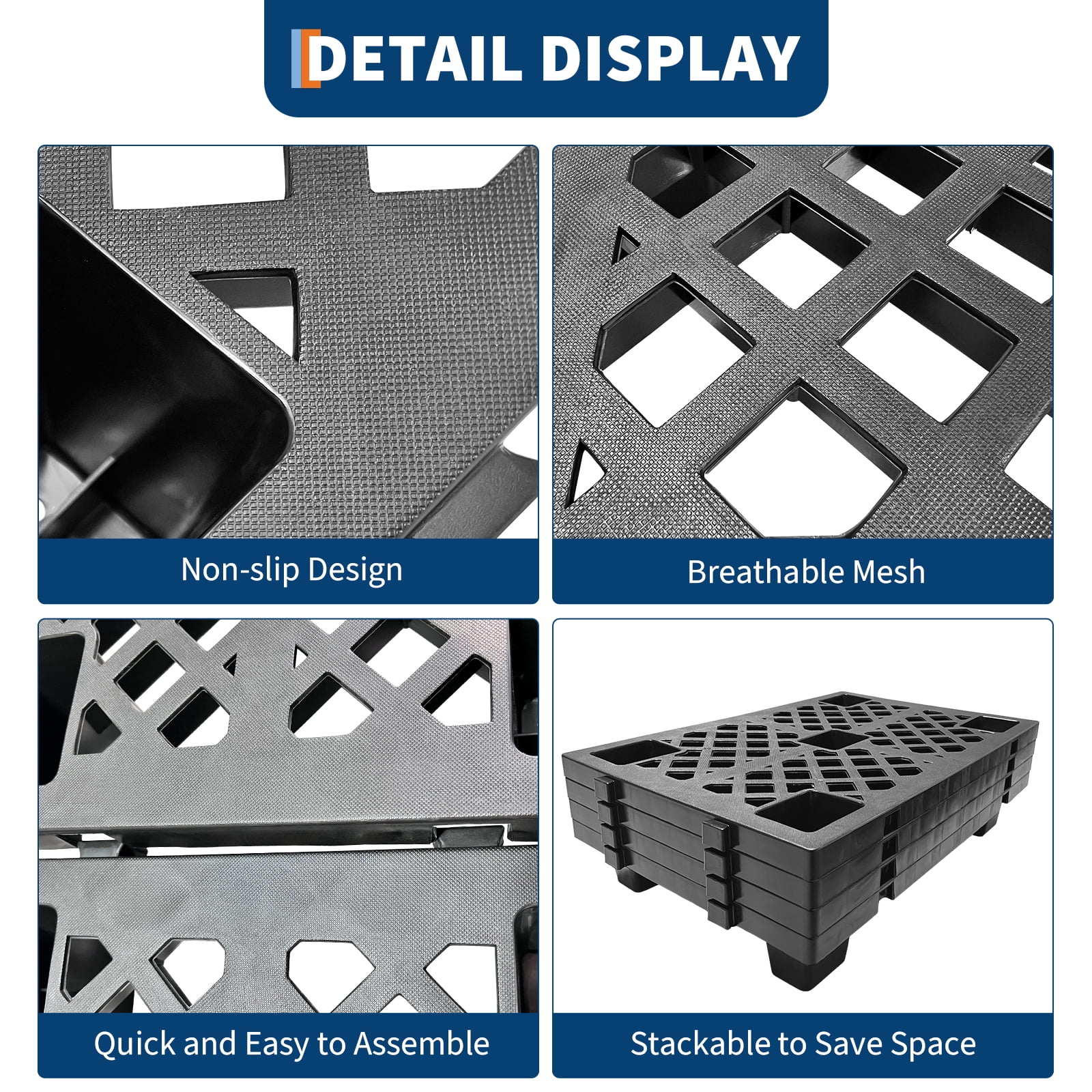 6-Pack Interlocking Plastic Pallets, 23.6”X15.7”X3.9” Heavy Duty Waterproof Floor Pads with Breathable Grid, Lightweight & Stackable for Basement, Garage, Storage Organization