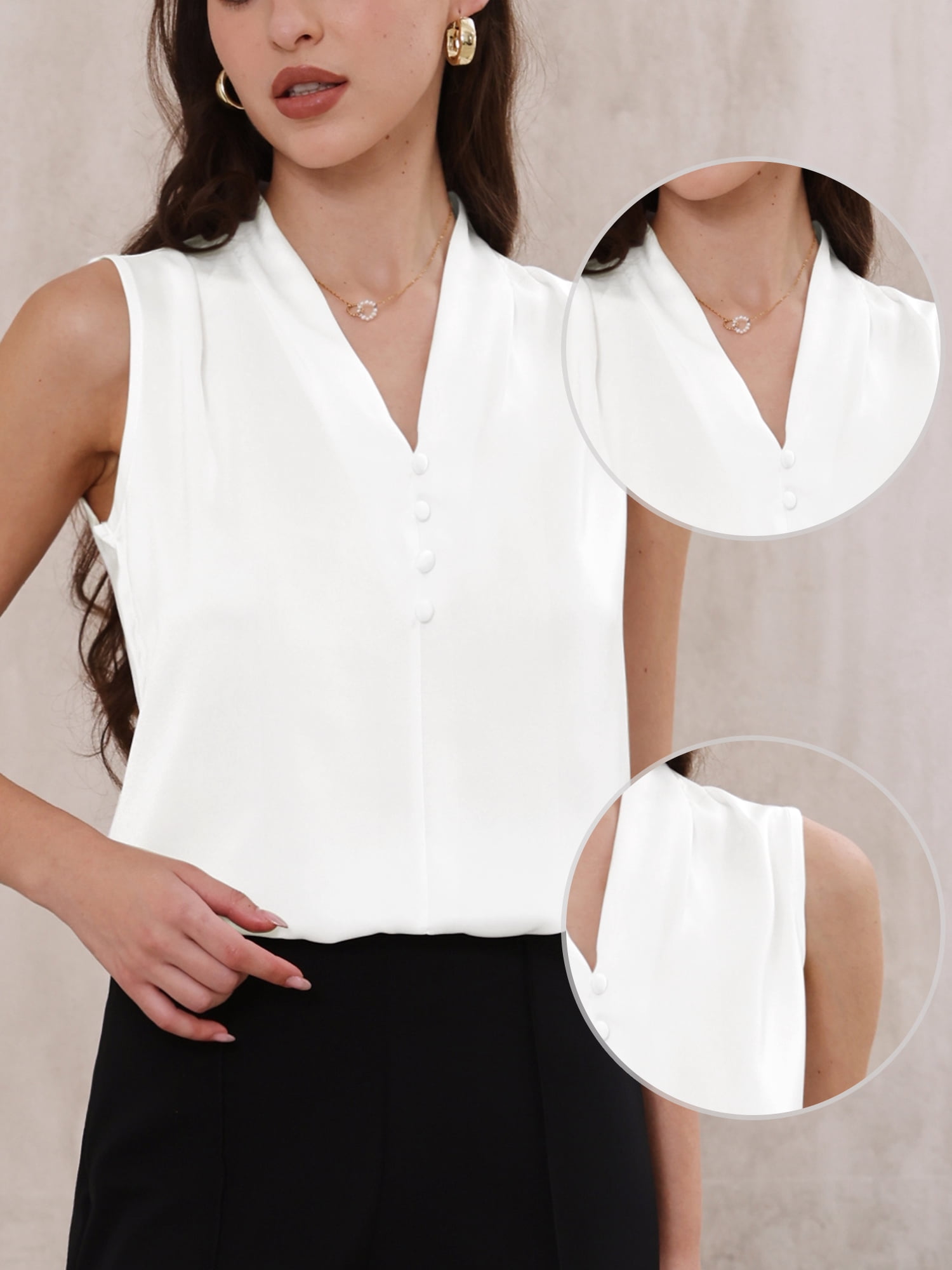 DARING DIVA Women's Satin Tank Top Sleeveless V Neck Business Satin Work Blouse 2XL White