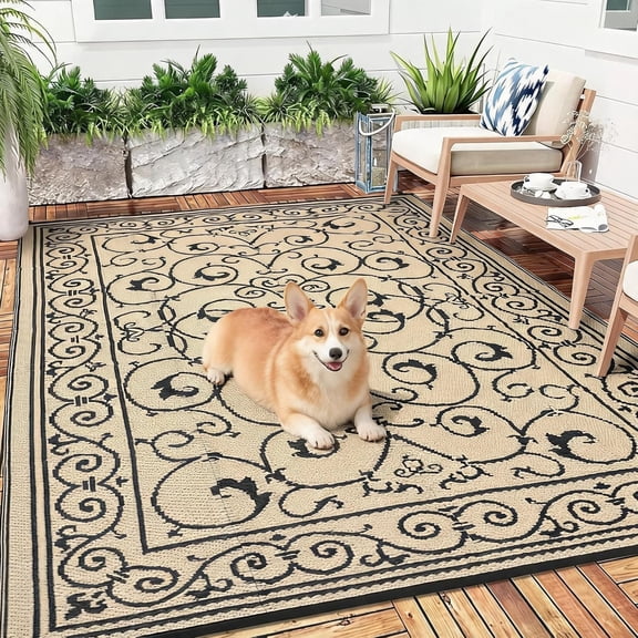 TacleeKii Outdoor Patio Rug 8' x 10' Reversible Camping Mat, Stain-Resistant Plastic Straw Rug, for Porch, Deck, Balcony, Beach, Garden, Beige