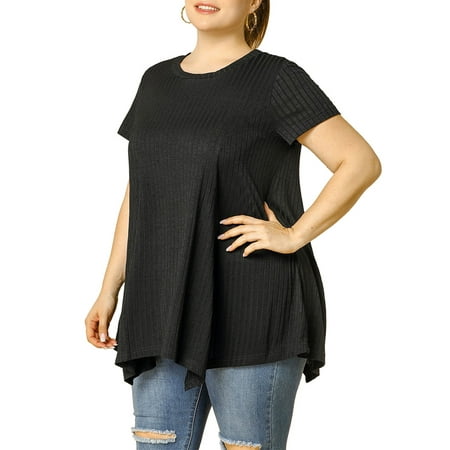 Agnes Orinda Women's Plus Size Short Sleeve Tunic Handkerchief Hem Top 4X Black