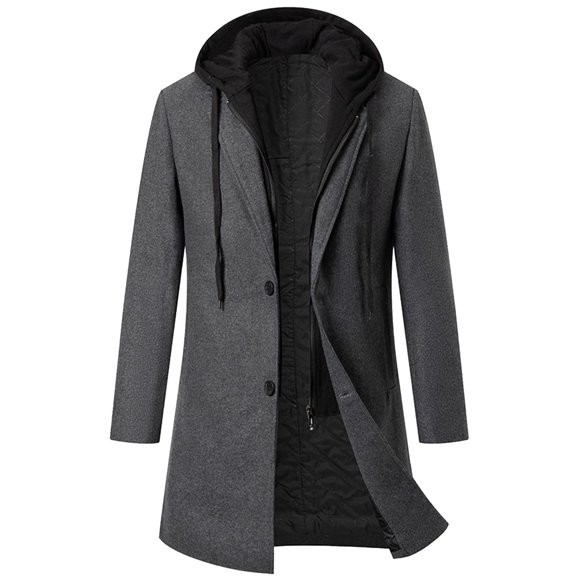 Pisexur Mens Winter Jacket Men Zipper Button Thickening Hooded Fake Two Items Medium Long Woolen Overcoat Jacket Wool Coat Men Winter Coats for Men