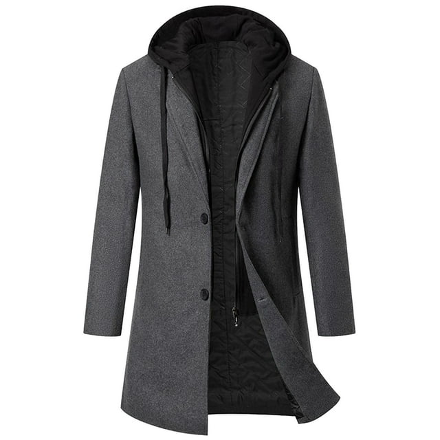 RXIRUCGD Men Zipper Button Thickening Hooded Fake Two Items Medium Long Woolen Overcoat Cotton Jacket, Gray, Size: XL