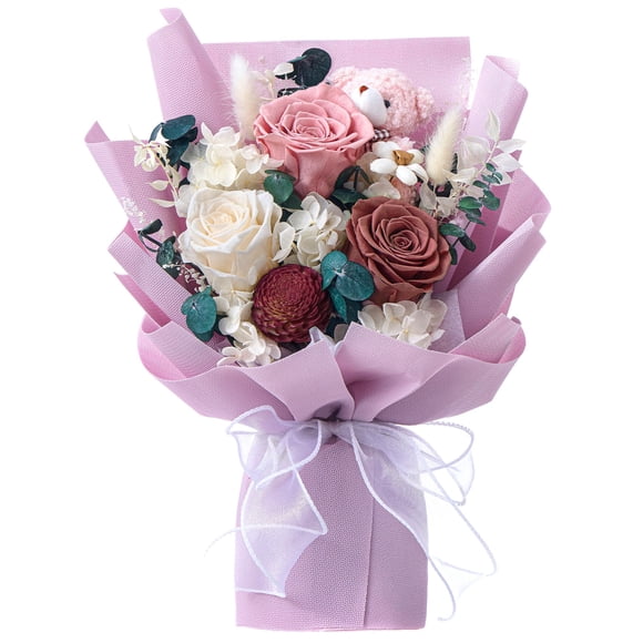 Polylove Forever Flower Bouquet Flowers for Delivery Prime Preserved Roses with Bear Gift Box for Wife Women Mother Day Anniversary Birthday (Purple)