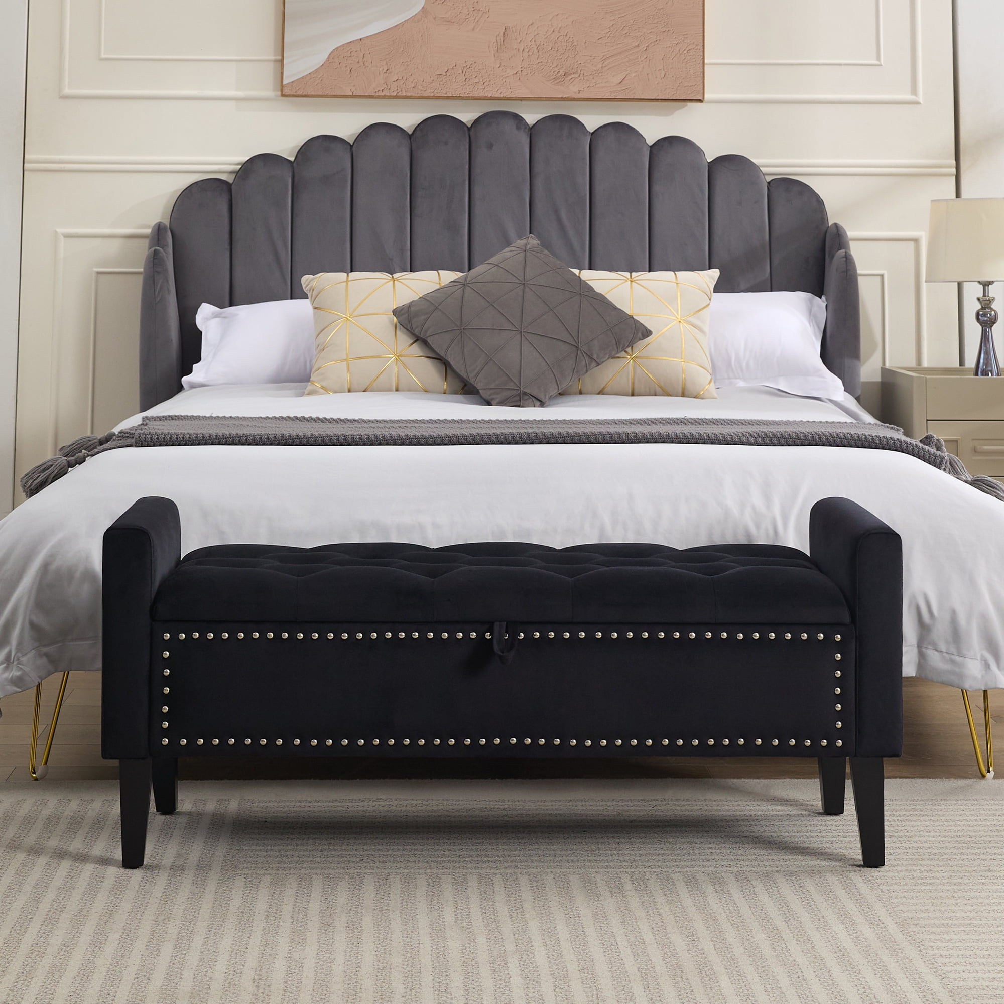 Velvet Storage Bench, Upholstered Bed Bench with Storage, End of Bed Ottoman with Wooden Legs,Bedside Storage Bench for Bedroom, Living Room, or Entryway, Black