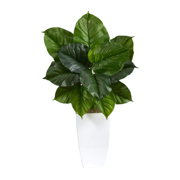 Nearly Natural 34in. Large Philodendron Leaf Artificial Plant in White Metal Planter