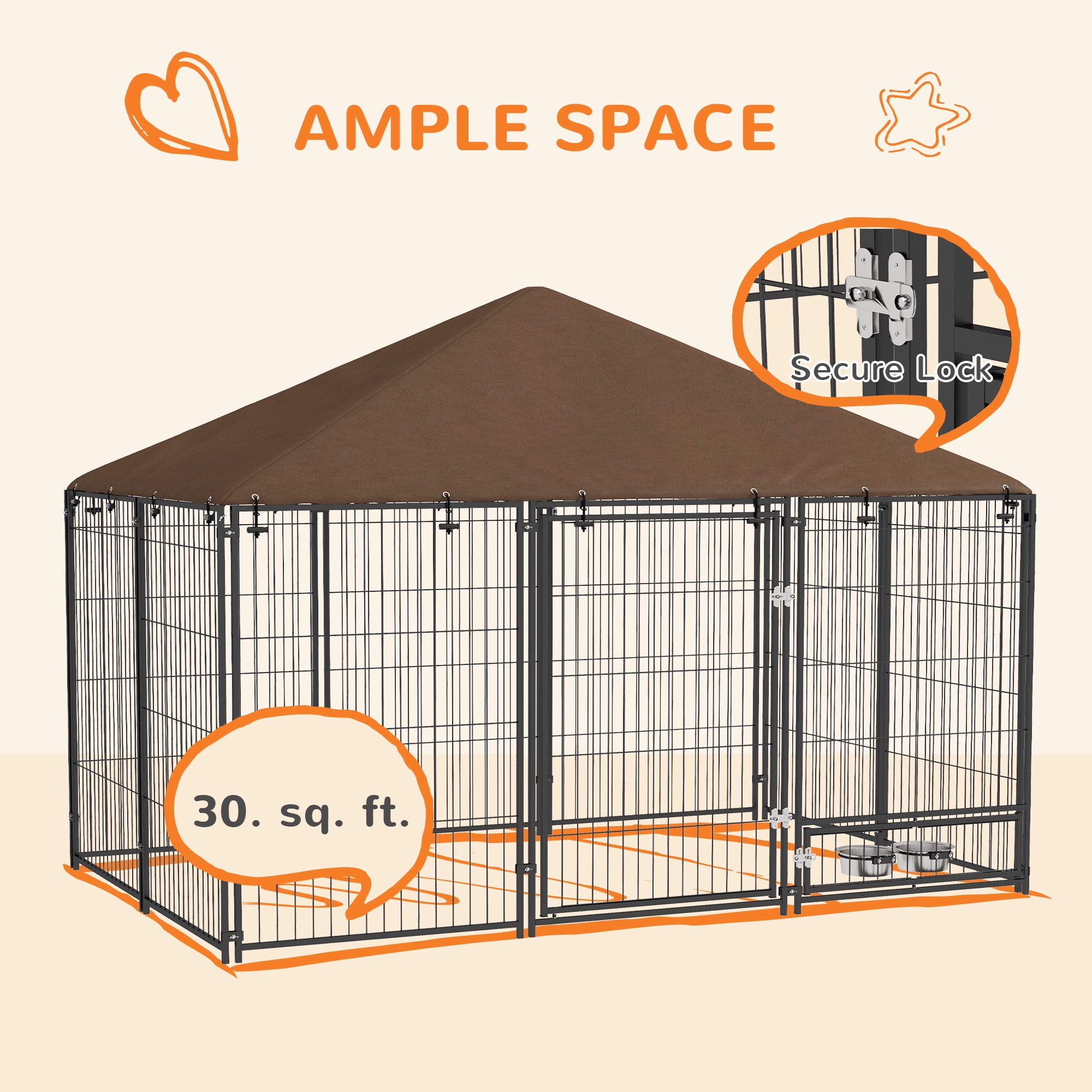 PawHut Outdoor Dog Kennel, 6.9' x 4.6' x 5' Puppy Play Pen with Canopy Garden Playpen Fence Crate Enclosure Cage Rotating Bowl, Black