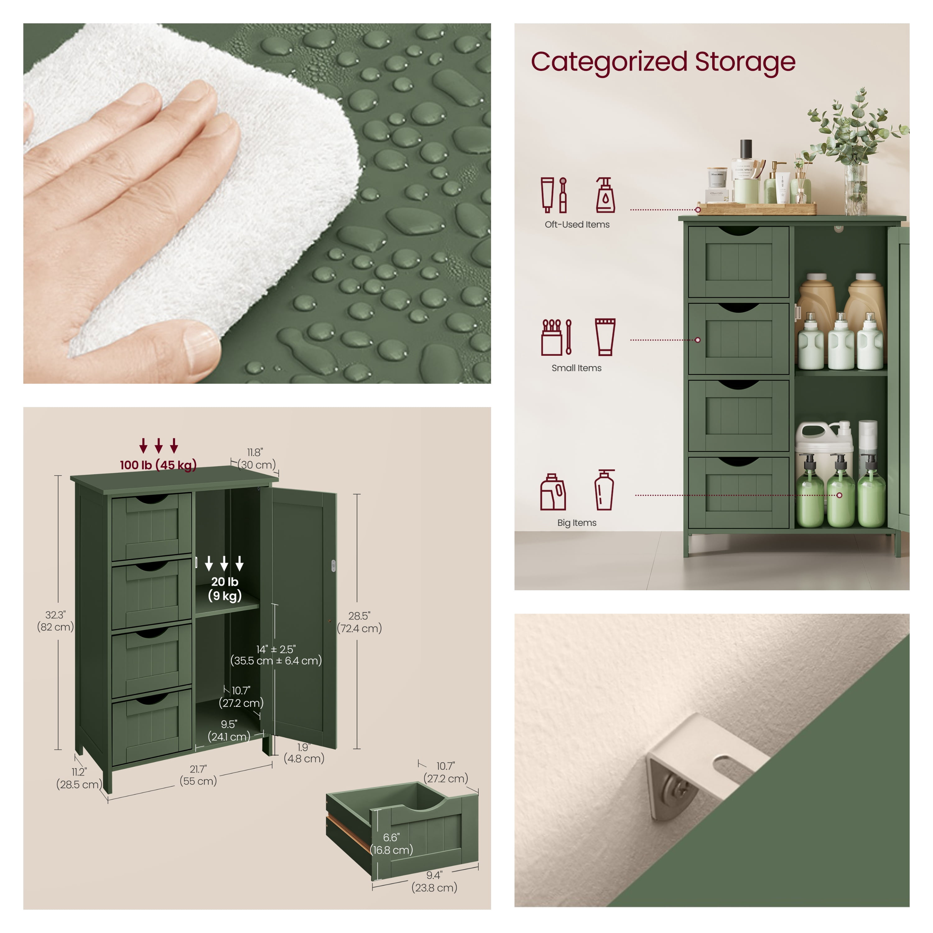 LEDREM Bathroom Floor Cabinet, Wooden Freestanding Side Storage Organizer with 4 Drawers and Adjustable Shelves for Bathroom, Forest Green