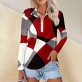thumbnail image 2 of WTOBBY Women's Retro Print Polo Shirt - Long Sleeve Casual V-Neck Zipper Detail Tops for Women, Spring Fall Fashion Comfort Stretch Fabric,Red XL, 2 of 7