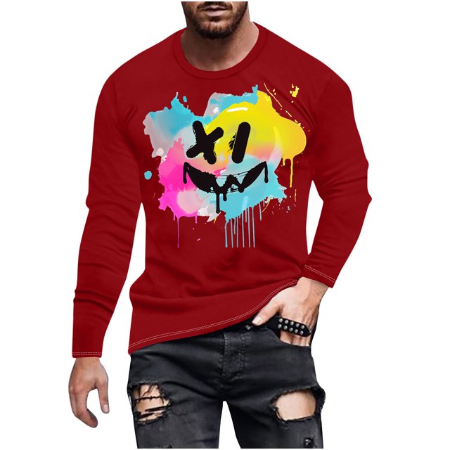 Fashion Men's Print Top, Long Sleeve Crew Neck, Smiley Face Top Shirt