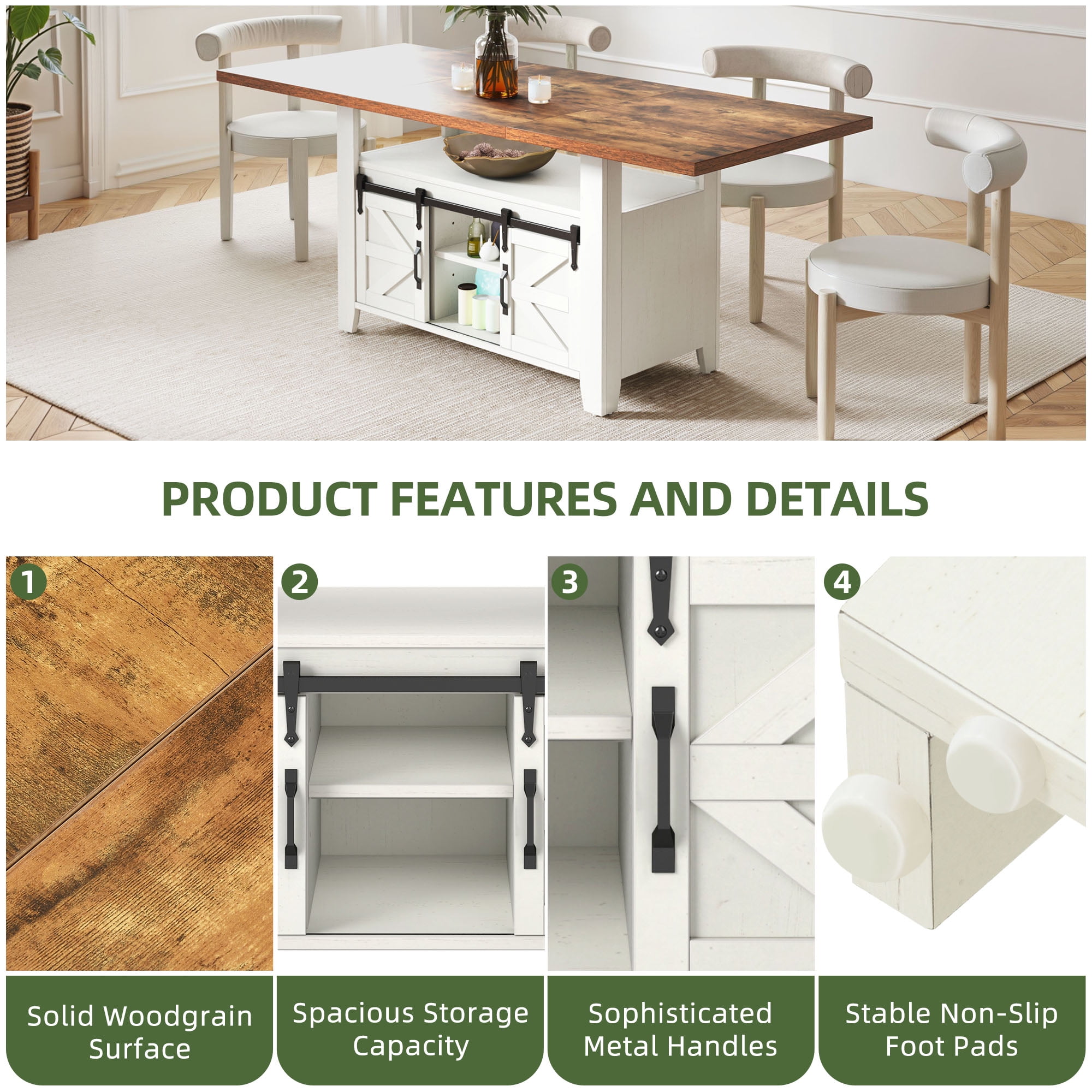 Uforic 70" Farmhouse Dining Table for 6-8 People, Rectangle Kitchen Table with Storage Rack, White