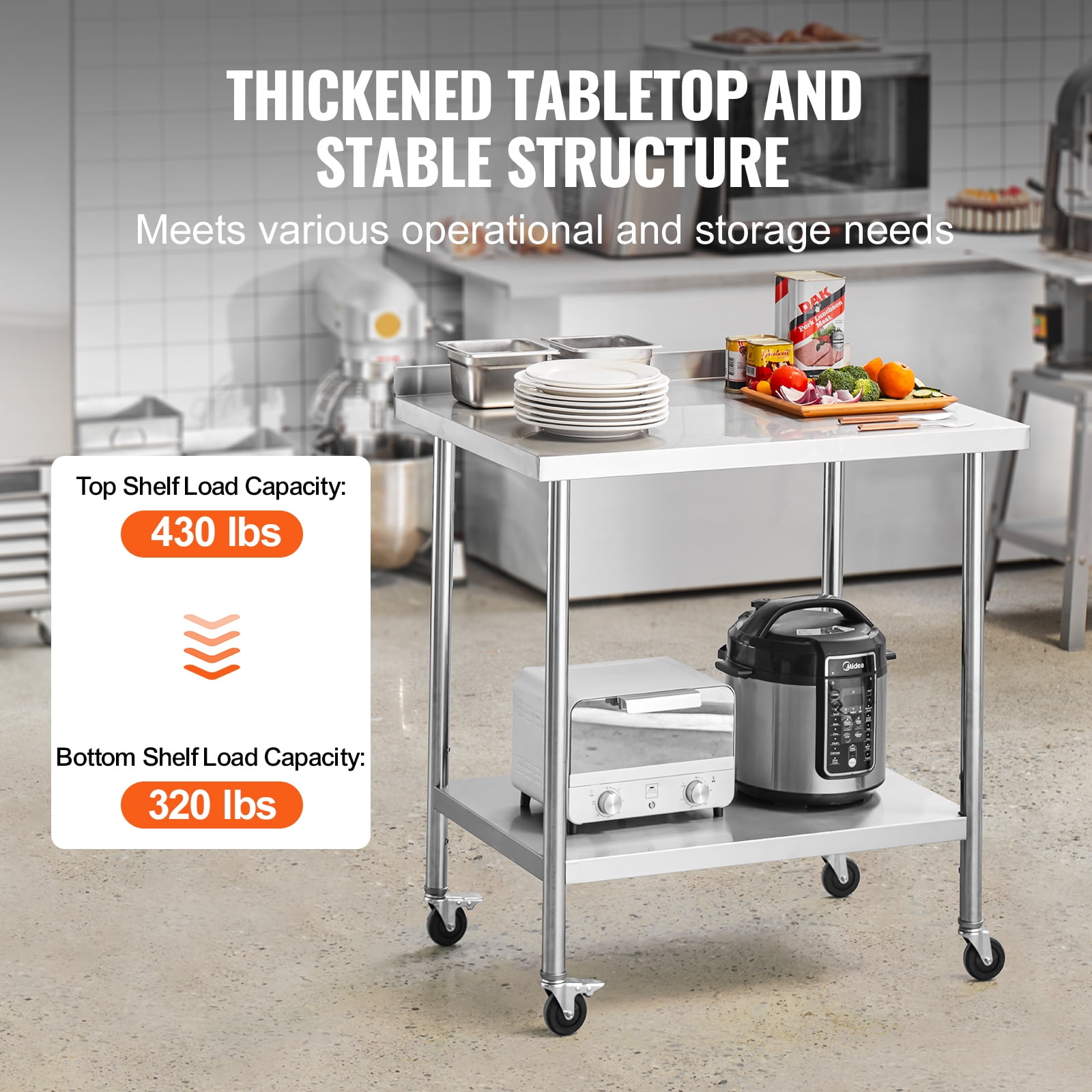 KFFKFF 24 x 36 x 40 Inch Stainless Steel Work Table, Commercial Food Prep Table with Wheels, Durable Metal Table with Adjustable Height for Kitchen, Home, and Hospitality Use