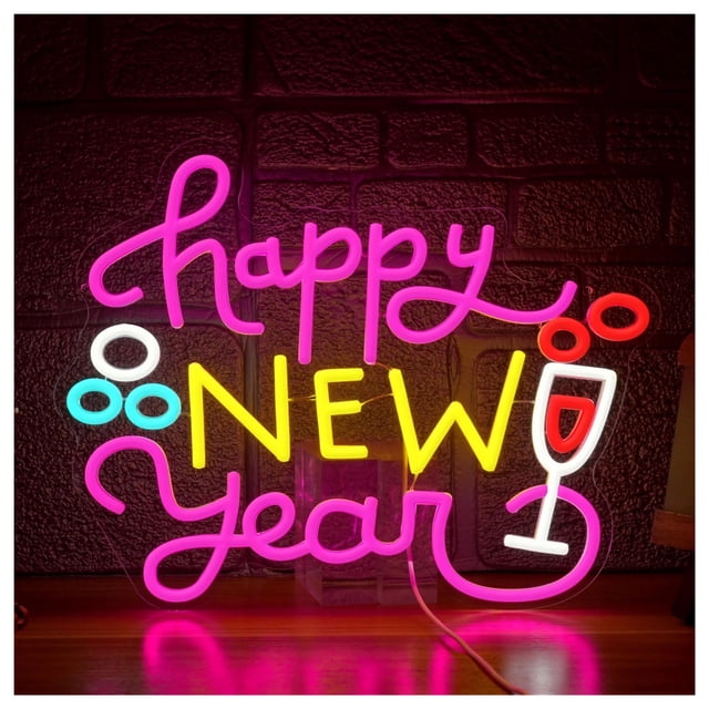 Letrero De Neón"Happy New Year"Con Forma De Copa De Vino, Regulable, Letras Coloridas, Decoración De Pared Para Fiestas, Negocios Y Hogar 42x32cm