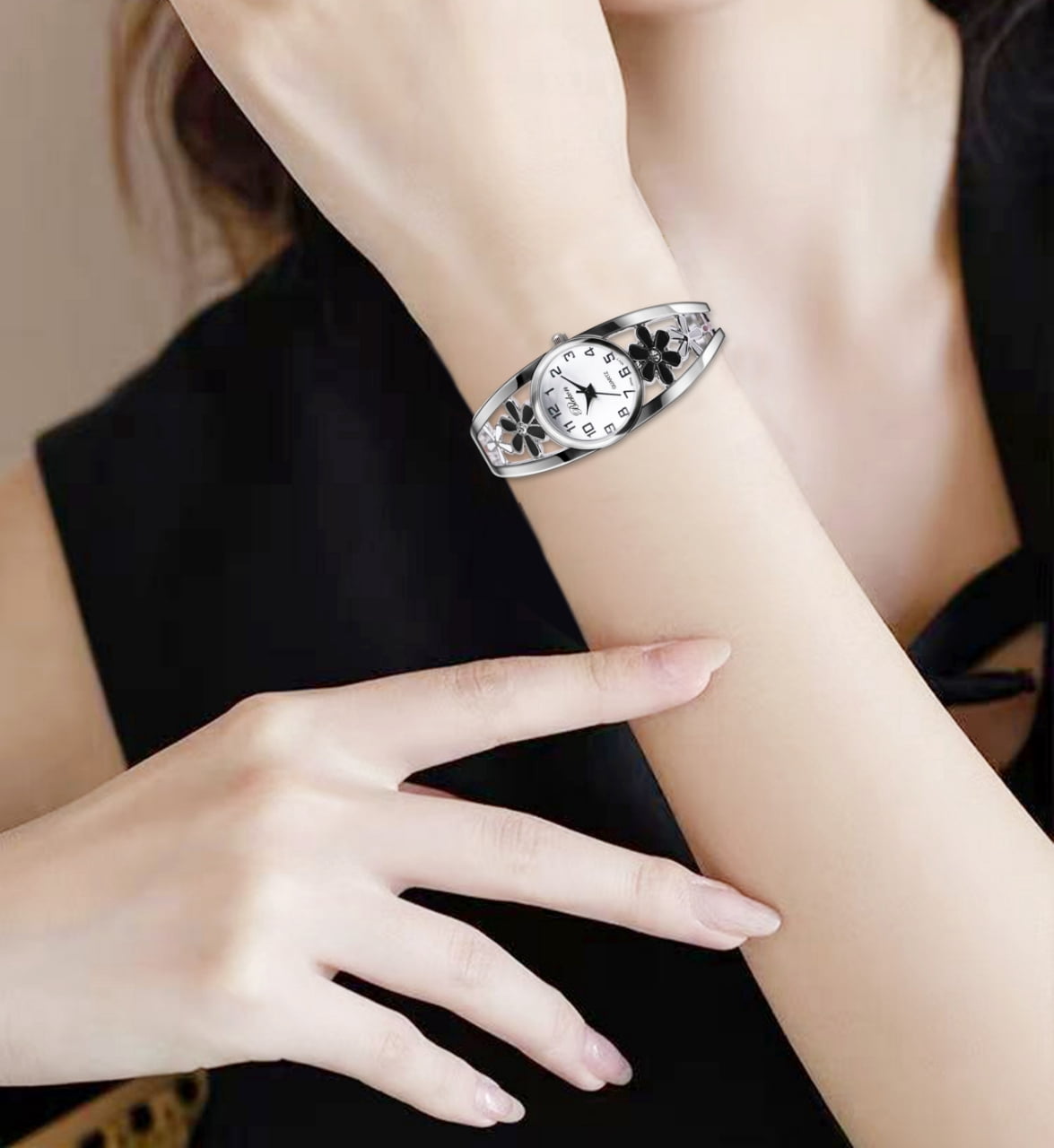 Blekon Women’s Cuff Bangle Watch With Elegant Silver Bracelet, Flower Design Dial, Fashion Jewelry Timepiece