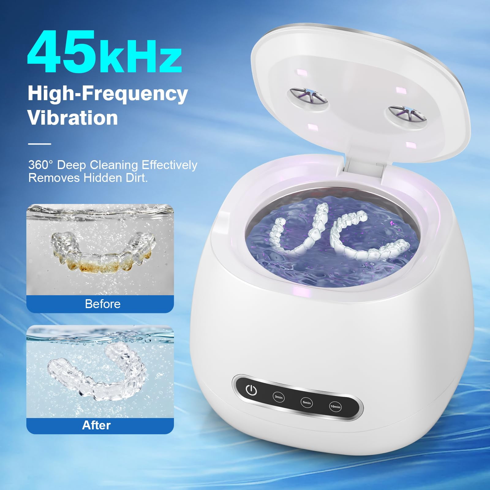 Ultrasonic Retainer Cleaner, 45kHz Digital Timer Dental Cleaning Machine for Denture, Mouth Guard, Aligner, Braces, Toothbrush Heads