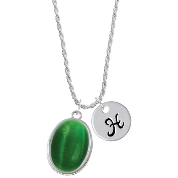 Delight Jewelry Silvertone Oval - Imitation Cat's Eye - Green - Silvertone Script Initial Disc - H - Charm Necklace, 20"+3"