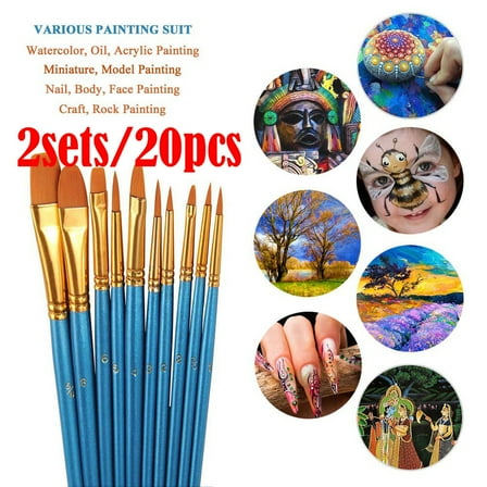 Chanana 20-Piece Acrylic Paint Brush Kit – Round/Flat Tips for Oil & Watercolor (Blue Handle)