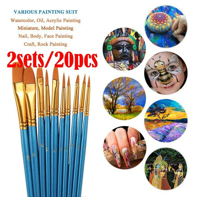 Xihbxyly Dia Del Primer Ministro Juego de Pinceles de Pintura Acrílica, 2 Paquetes/20 Cepilos de Pelotón Nailon para Aceite Multiusos
