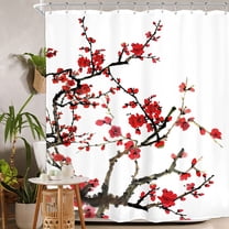 Plum Shower Curtain Cherry Blossom Aesthetic Watercolor Floral 72Wx84H Inch Extra Long Red Traditional Weeping Flower Japanese Branch Ink Asian Waterproof Polyester Fabric Bathroom Bathtub