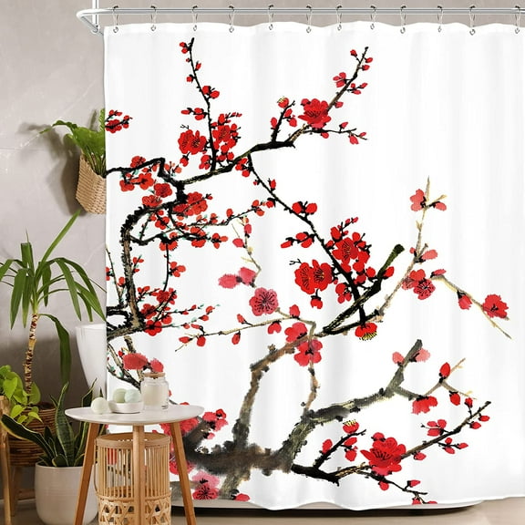 Plum Shower Curtain Cherry Blossom Aesthetic Watercolor Floral 72Wx84H Inch Extra Long Red Traditional Weeping Flower Japanese Branch Ink Asian Waterproof Polyester Fabric Bathroom Bathtub