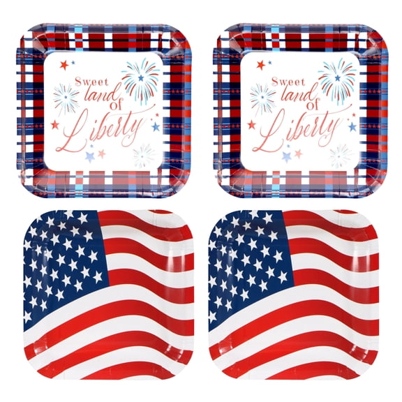 56 PCS Square Patriotic Paper Plates 9in Red Blue Printed Disposable American Flag 4th of July Tableware for Cookies Barbecues Cake Desserts Summer Picnics Holiday Party Supplies & Decor(Designs Vary)
