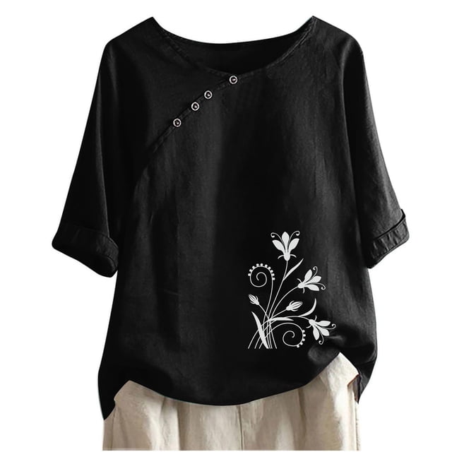 Blusas de Manga Corta para las Mujeres Impresas Cuello Redondo Camiseta Casual, Blusa de Algodón de Imitación para las Mujeres