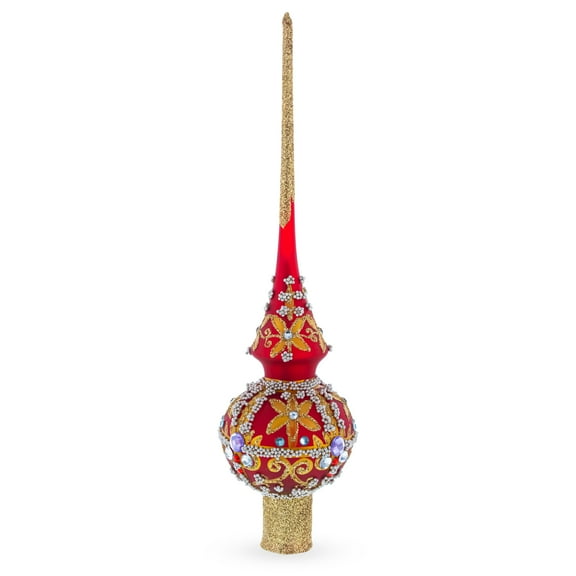 Baroque Style Red & Gold Jeweled Finial Glass Christmas Tree Topper 11 Inches