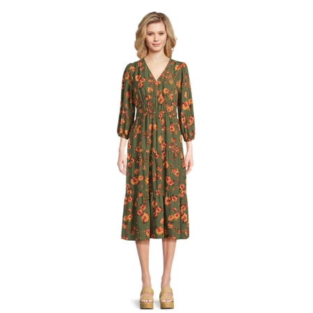 Time and Tru Women’s 3/4 Sleeve Midi Dress, Sizes XS-XXXL