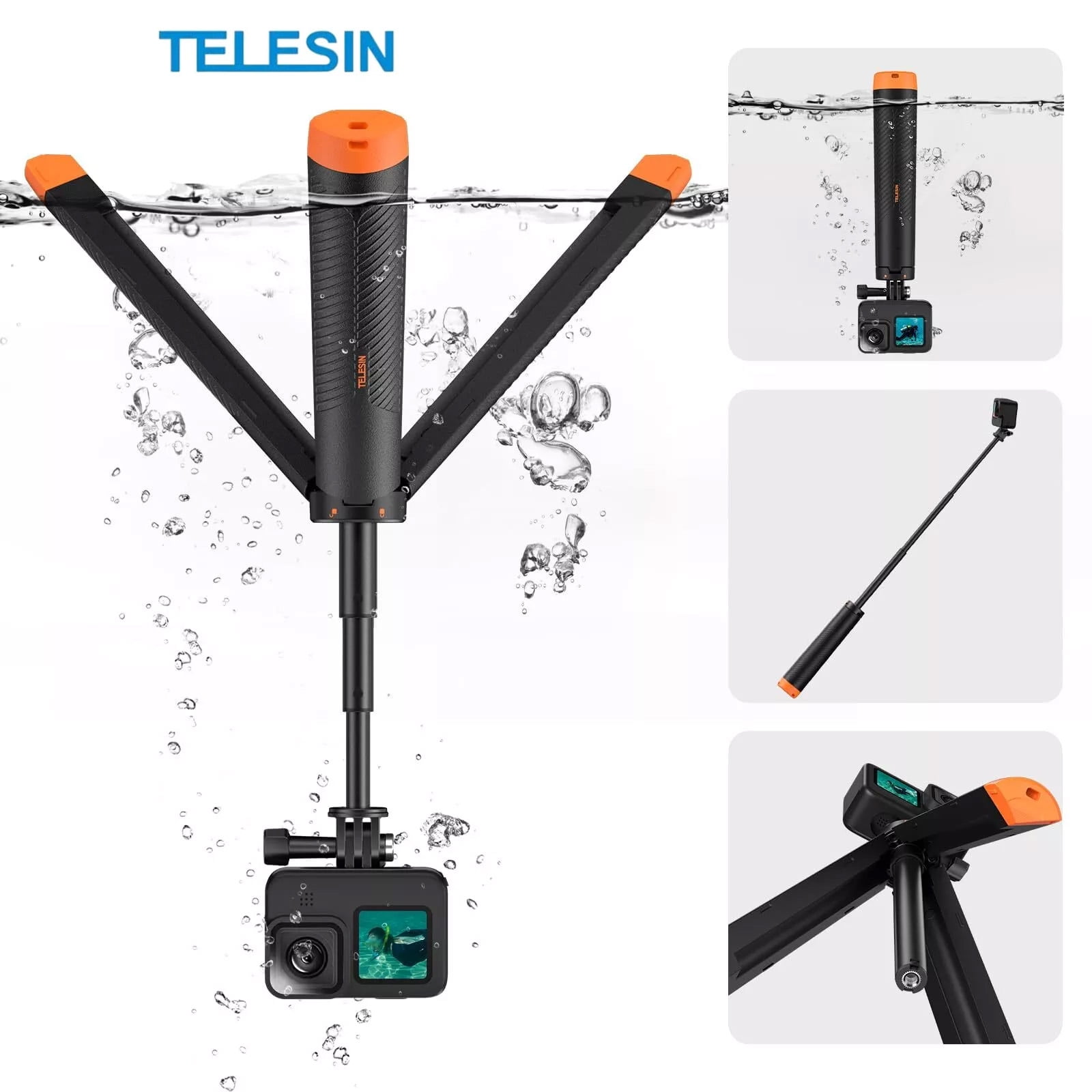 TELESIN Floating Tripod Selfie Stick 61cm for GoPro DJI Insta360 Action Cameras