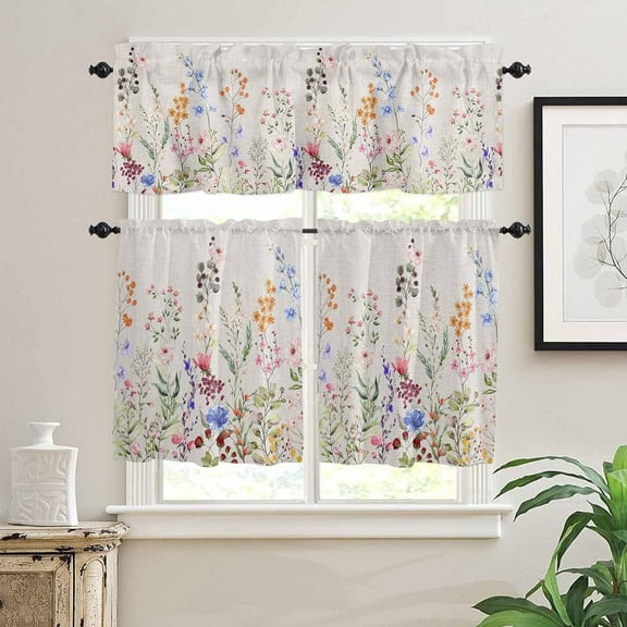 Kitchen Curtains and Valances Set, Spring Flower Leaf Plant Wildflowers Vintage Floral Blue Pink Red Short Rod Pocket 3 Pieces Window Curtain Set for Bedroom, Bathroom, 36 Inch Long