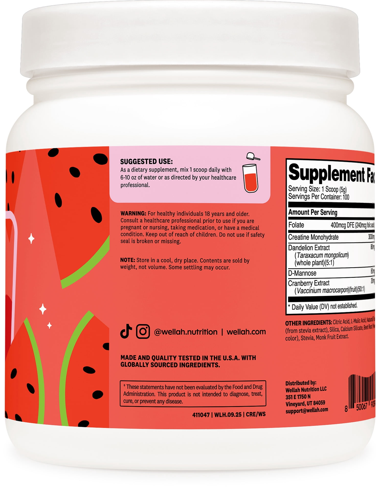 Wellah Creatine for Women (100 Servings, Watermelon Slush) - Creatine Monohydrate with Dandelion & Cranberry Extract