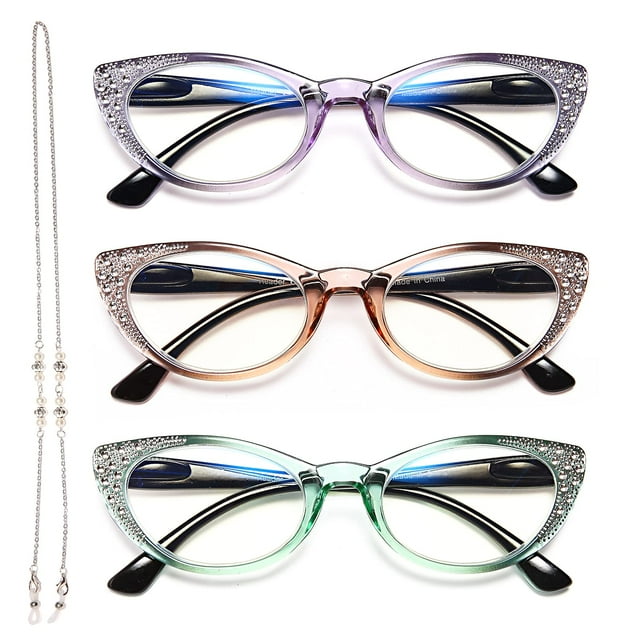 EYEURL cat Eye Reading glasses for Women Blue Light Blocking 3 Pack computer Readers 175 with Spring Hinge Eyeglasses Stylish Bright Flashing Design