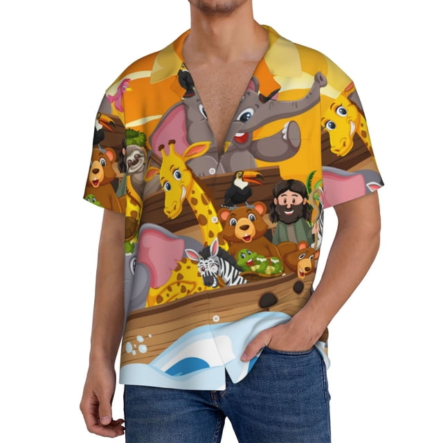 Fotbe Animals on Noah's Ark1 Camisa Estampada de Manga Corta para Hombre, Casual de Verano, Estilo Playero, Sin Arrugas-4X-Large