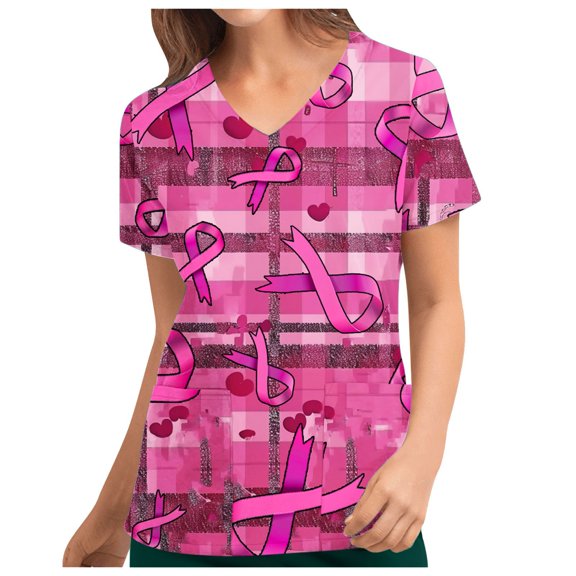 Xfvqtps Scrub Tops for Women Pink Ribbon Breast Cancer Awareness Scrubs Comfortable Lightweight Nursing Uniforms V-neck Short Sleeve Nurse Top Working Uniforms with Pockets Pink