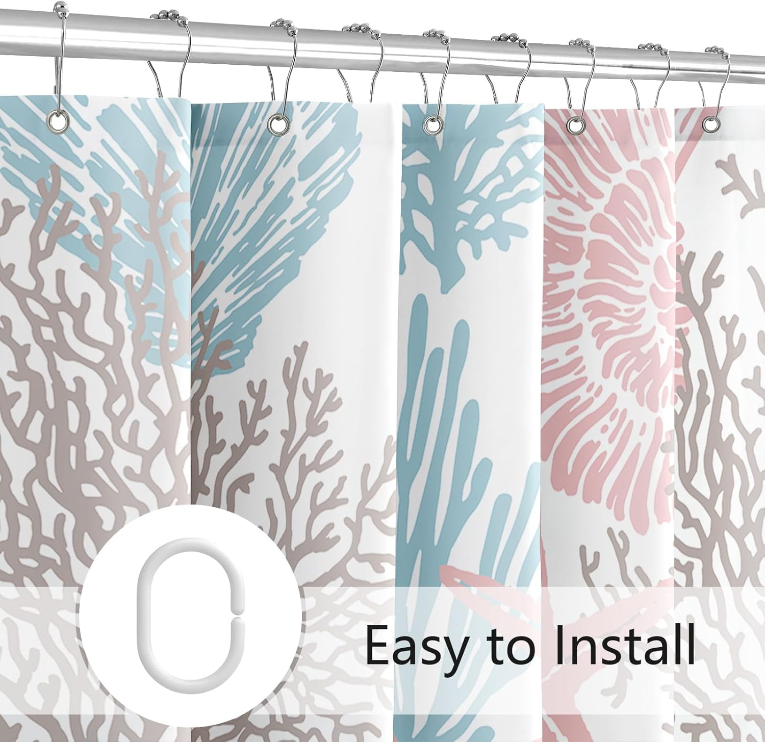 Small Stall Shower Curtain 36 x 72 Inch, Half Narrow Blue Pink Nautical Coastal Shower Curtain, Summer Tropical Seashell Starfish Coral Beach Ocean Themed Shower Curtain for Bathroom Decor