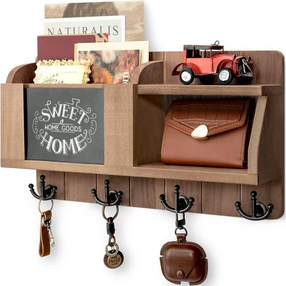 Rebee Vision Key and Mail Holder for Wall with Chalkboard - Farmhouse Home Decor for Entryway (Brown, 16inch)