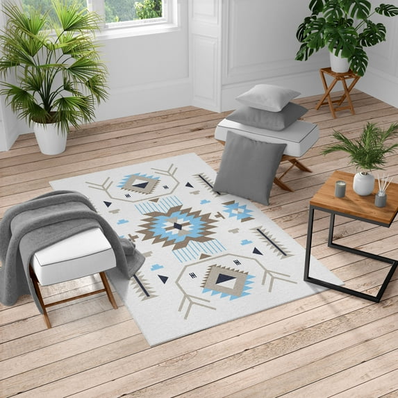 Southwestern Turkish Area Rug, Ethnic Illustration of a Zigzags Design Triangular Iconic Art Motifs, Soft Carpet for Living Room Decor with Distressed Look, 5.2' X 7.6', Dark Tan, by Ambesonne