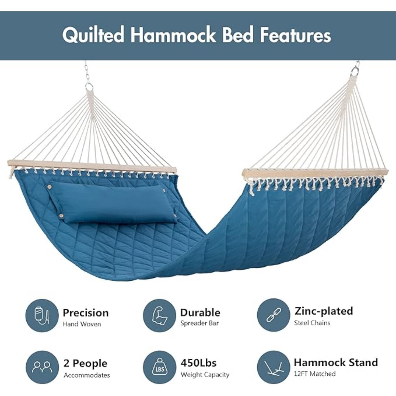 Quilted Hammock with Spreader Bars and Detachable Pillow, Large Hammock for Outdoors Indoors, 450 LBS Weight Capacity, Blue