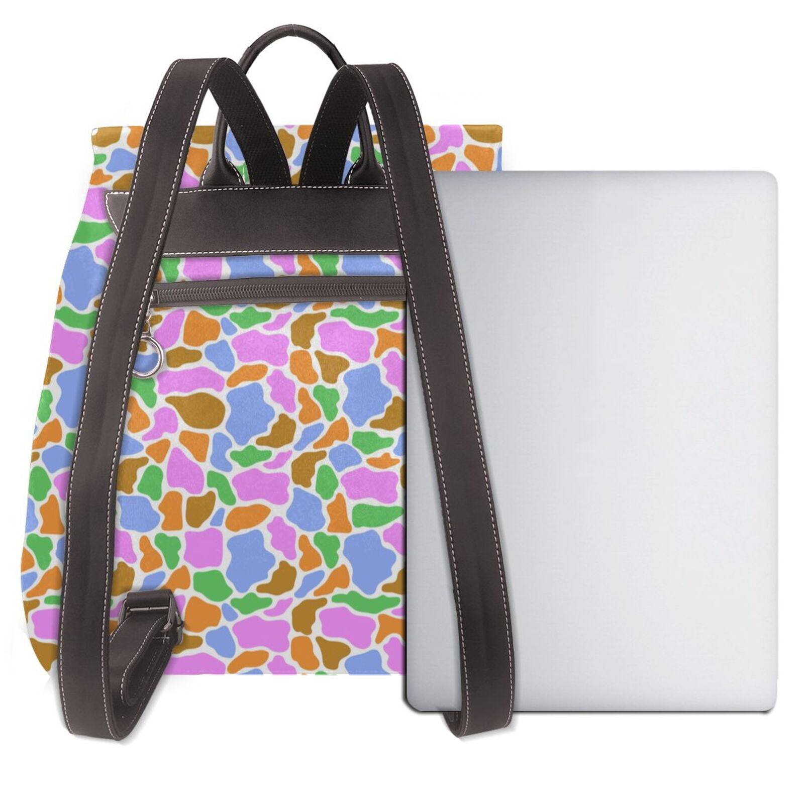 Xecao Colorful Cow Skin Print Large Backpack Soft Leather for Women Travel with Compartment, Adjustable Convertible Strap