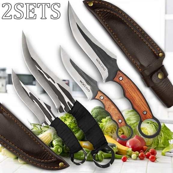 2SETS Kitchen Chef Knife Set with Stainless Steel Boning Knife Cover Professional Utility Knife Outdoor Camping Knife Hand Forged Fruit Knife Beef Slicing Fish Cutting Knife Kitchen Supplies